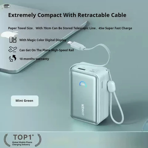 Anker 10000 мАч Power Bank PD 45 Вт Быстрая зарядка со встроенным выдвижным кабелем Instacord Портативная внешняя батарея для iPhone 17