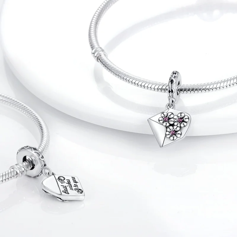 Розовый конверт с цветком из серебра 925 пробы совместим браслетом Pandora жемчужная