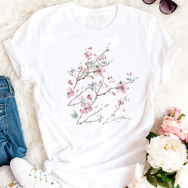 

Women Graphic Flower Floral Fashion Casual Cute 90s Style Vintage Lady Tees Print Tops Clothing Female T Shirt Womens T-Shirt
