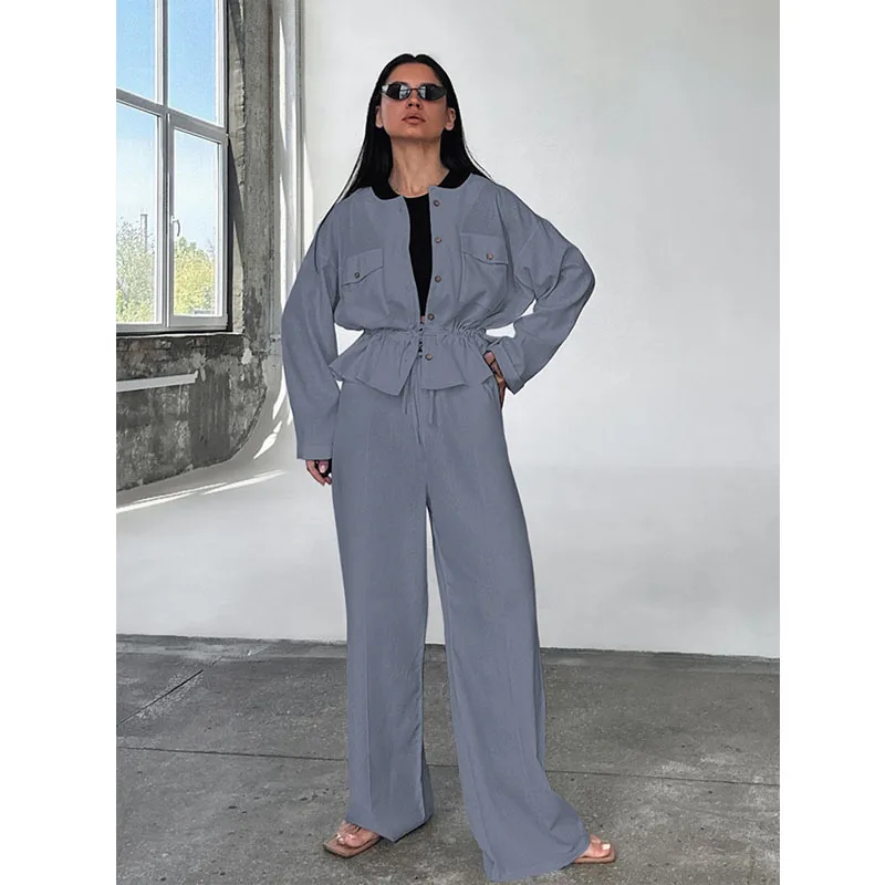 

2023 New Gray Drawstring Design Round Neck Long Sleeve Trousers Set Autumn Fashion Women's Casual Holiday 2-Piece Set Vestidos