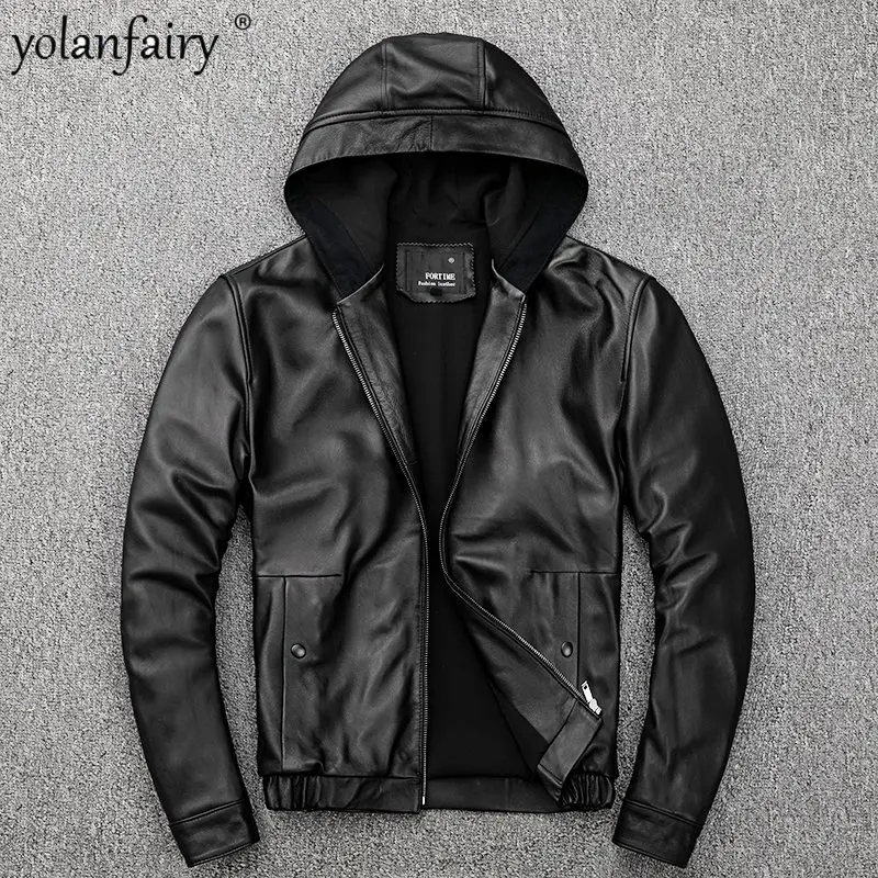 

Spring Autumn New Sheepskin Genuine Leather Coat Men's Simple Hooded Slim Casual Jackets Special Offer 5XL Jaquetas FCY