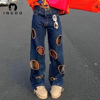 ingoo high street women ripped baggy denim jeans y2k hollow out low rise straight pants trousers dark blue wide leg skater jeans