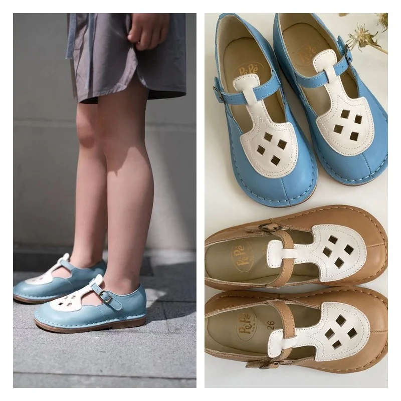 In Stock Children's Sandals 2022 Summer Pe Girls' First Layer Cowhide Retro Color Matching Pure Handmade Velcro Leather Shoes