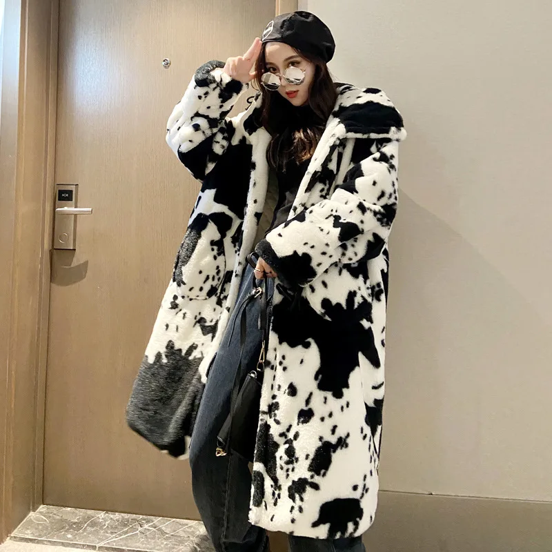 Loose Faux Fur Hooded Coat Women 2022 Winter Vintage Horn Button Lovely Panda Cow Long Jackets Female Casual Oversized Outerwear