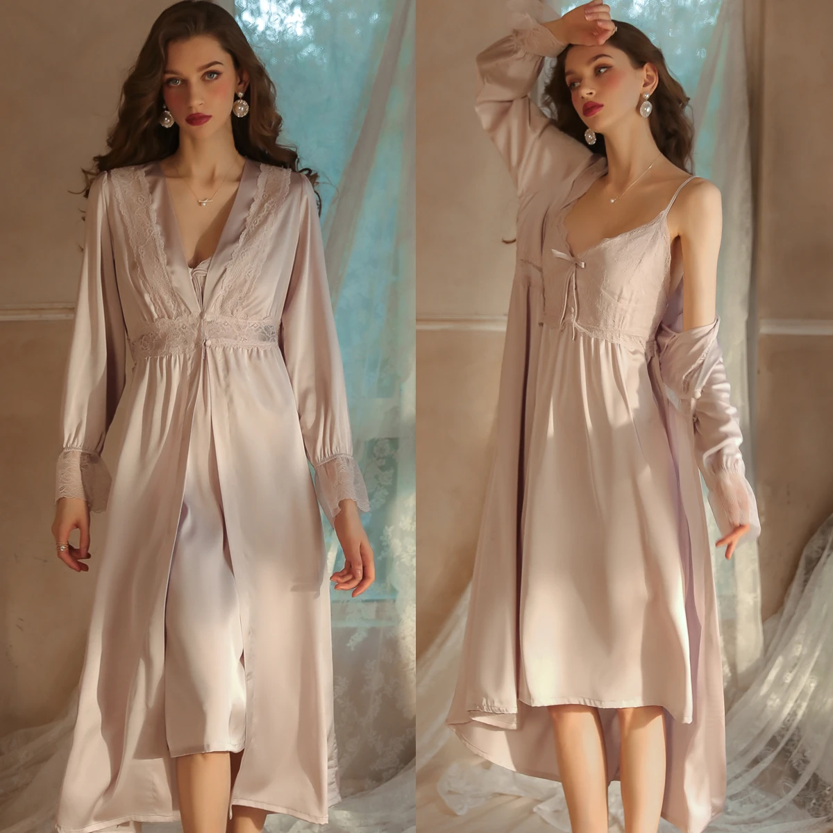 

French Court Style Stain 2 Piece Set Pajamas for Women Night Gown and Full Robe Sets Sexy Silk Robes V-neck Sling Night Dress