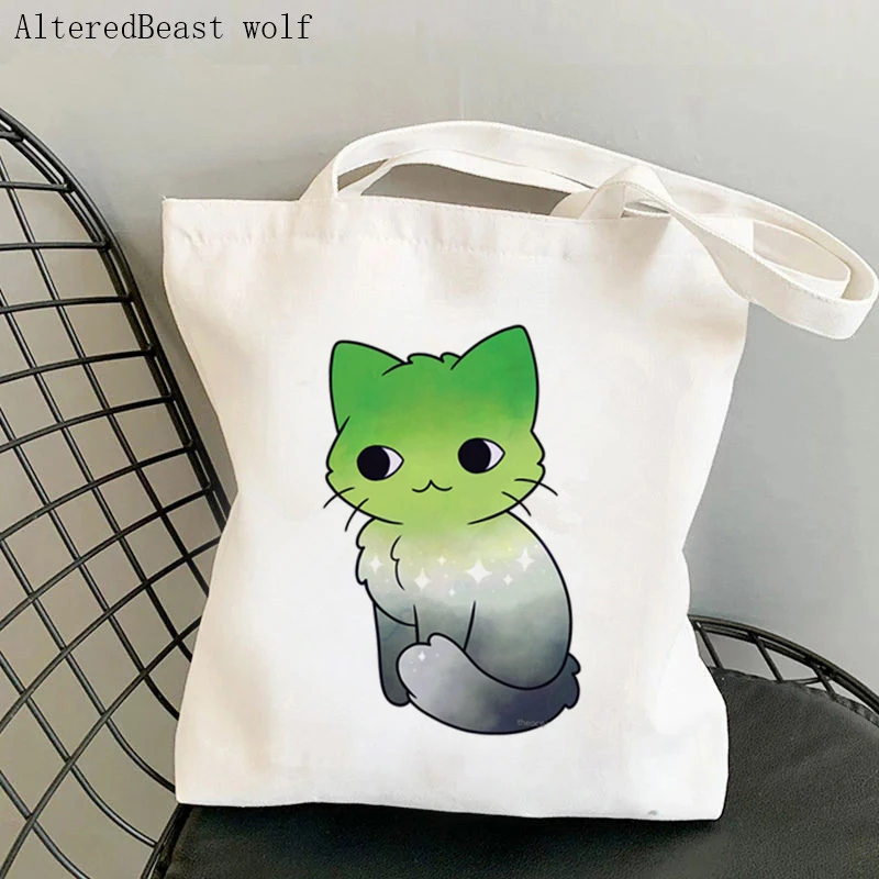 

Women's Shoulder Bag Aromantic Pride Cat Printed Kawaii Canvas Bag Harajuku Shopping Shopper Bag girl handbag Tote Lady Bag