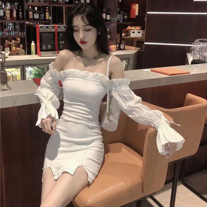 

French one line collar long sleeve buttock dress women's early autumn high waist white slim skirt temperament A-line skirt