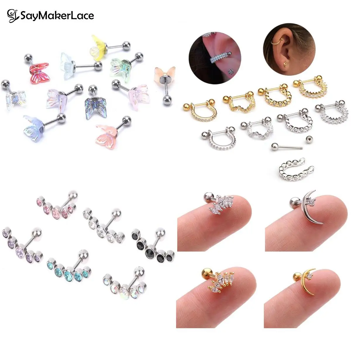 

1Pcs Helix Cartilage Studs Mid Low Helix Earring INS Little Butterfly Stud Tragus Earring For Women Crystal Bar Lobe Piercing
