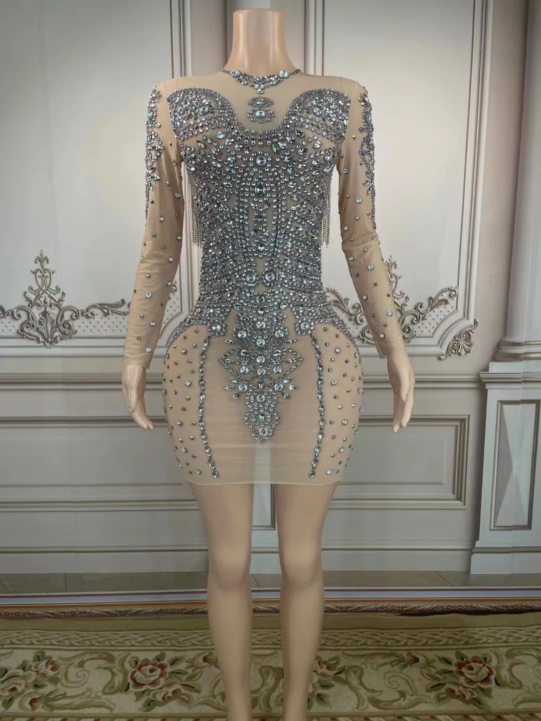 

Stage Wear Silver Stones Crystals Chains Transparent Dress Evening Celebrate See Through Birthday Party Performance Dress