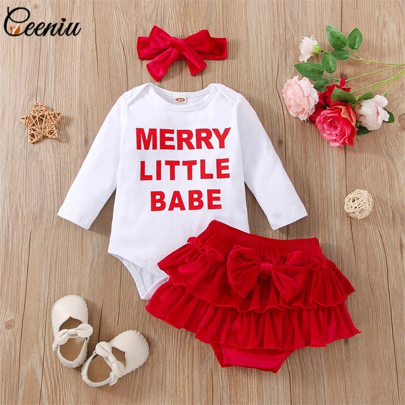 

Ceeniu 0-24M Baby Girls Christmas Outfit Newborn Sets Letter Romper and Red Velvet Shorts 3pcs My First New Year Baby Costume