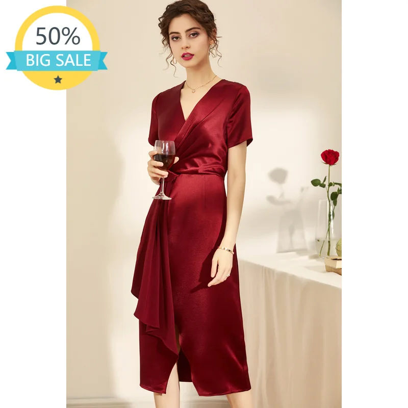 

FashionQuality 2023 Autumn New Dress Elegant Temperament Women‘s Solid Color Triacetate V-neck Short-sleeved MJ2188