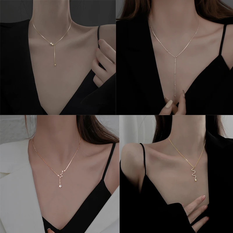 

New Big Dipper Pearl Flashing Transfer Bead Clavicle Chain Round Bead Snake Pendant Necklace Female Jewelry Accessories