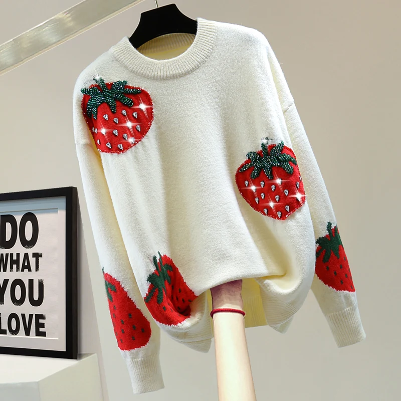 

Женский свитер с вышивкой клубники, Свободный пуловер с круглым вырезом и длинным рукавом, с бусинами, весна-Зима 2022