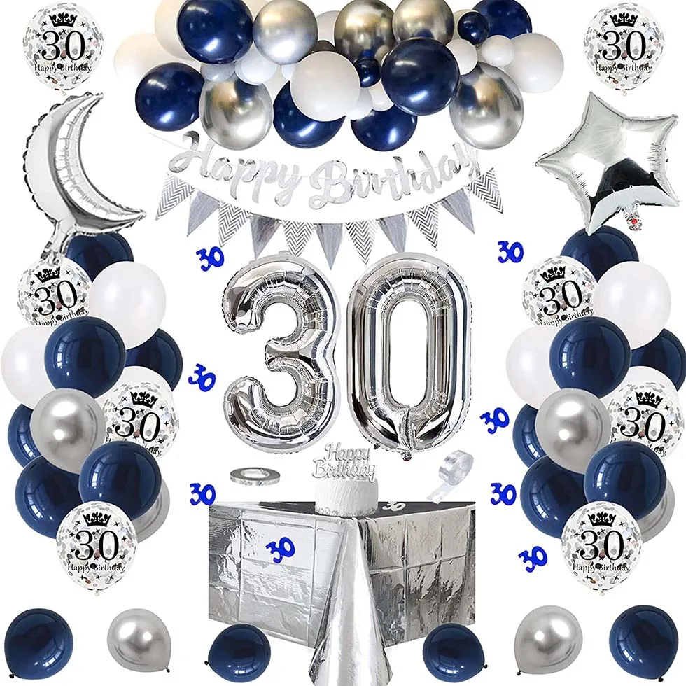 Men Women 30th Birthday Balloon Decor 30 Years Old Birthday Party Decorations Blue Silver Gold Black Balloon Arch Party Supplies