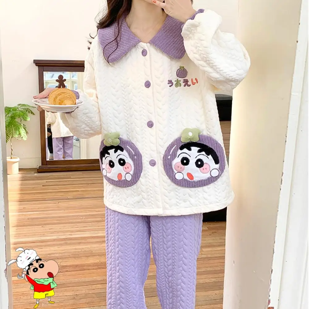 

Cartoon Hellokitty Crayon Shinchan Pajamas Autumn Winter Polyester Fiber Long Sleeved Thickening Air Cotton Interlayer Sleepwear