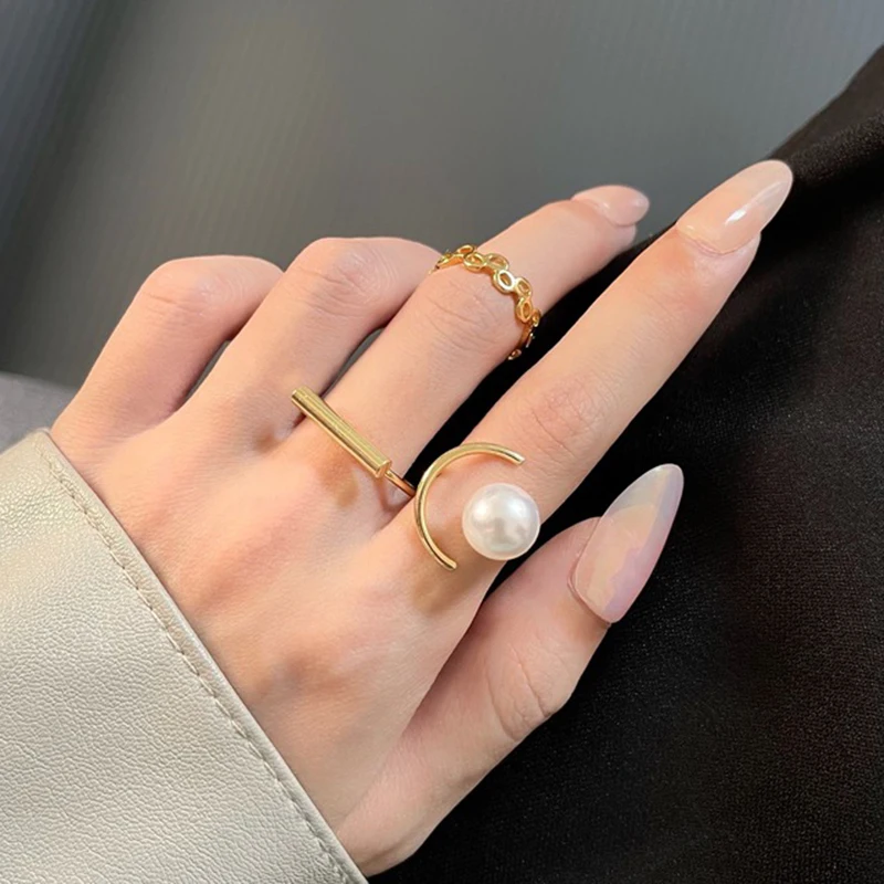 

3pcs /set Bohemian Gold Colour Chain Rings Set For Women Fashion Imitation pearls Boho Moon Rings Party 2022 Trend Jewelry Gift