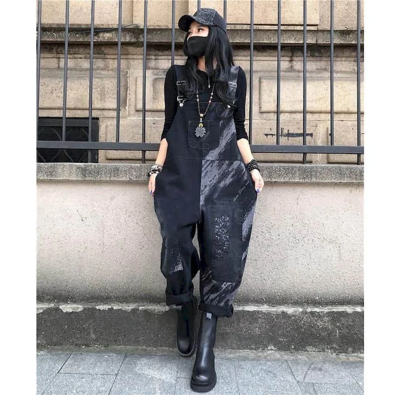 

Denim Jumpsuits Women Casual Tie-dye Print One Piece Outfits Women Rompes Loose Korean Style Vintage Playsuits Women Clothing