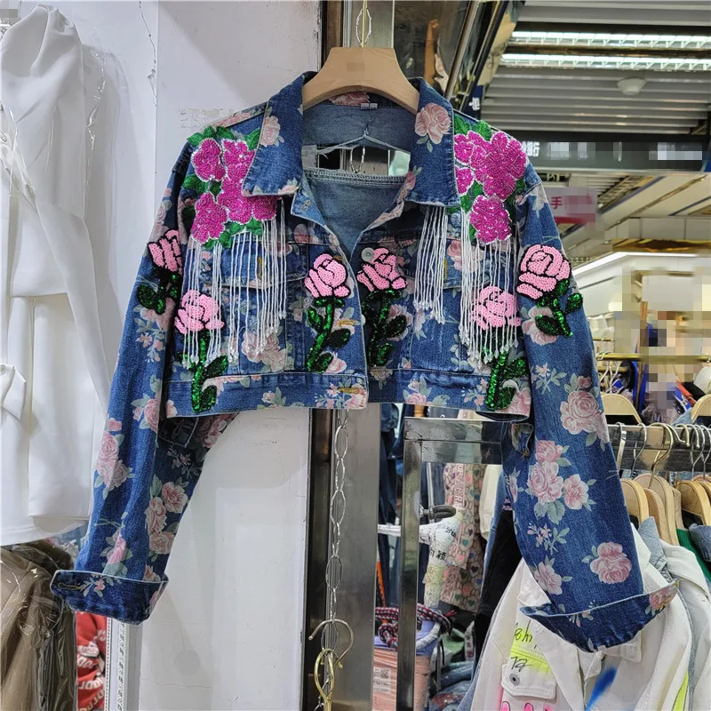 

2022 Spring New Printing Dyeing Flower Tassel Embroidered High Waist Denim Short Coat for Women Streetwear Jeans Crop Jacket