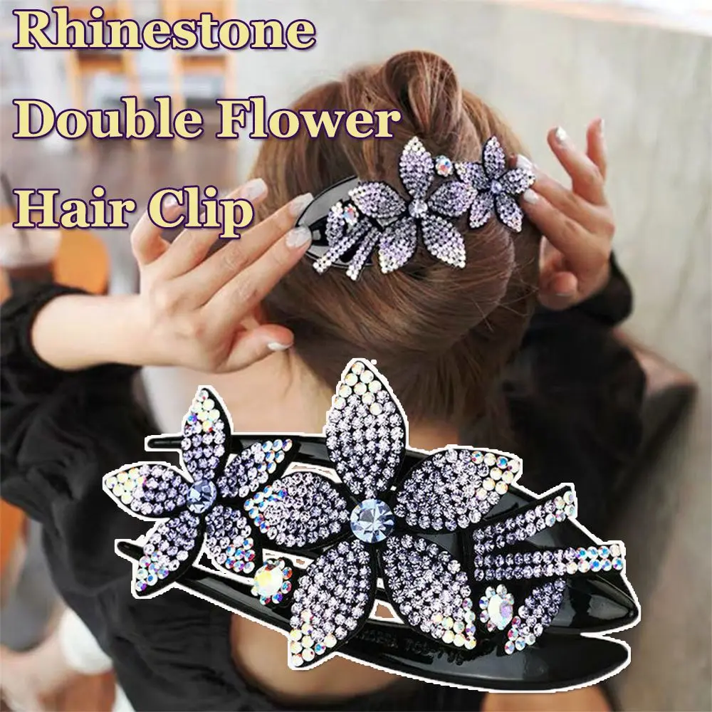 

New Hair Claw Charm Hair Dovetail Clip Flexible Rhinestone Double Flower Hair Clip Durable