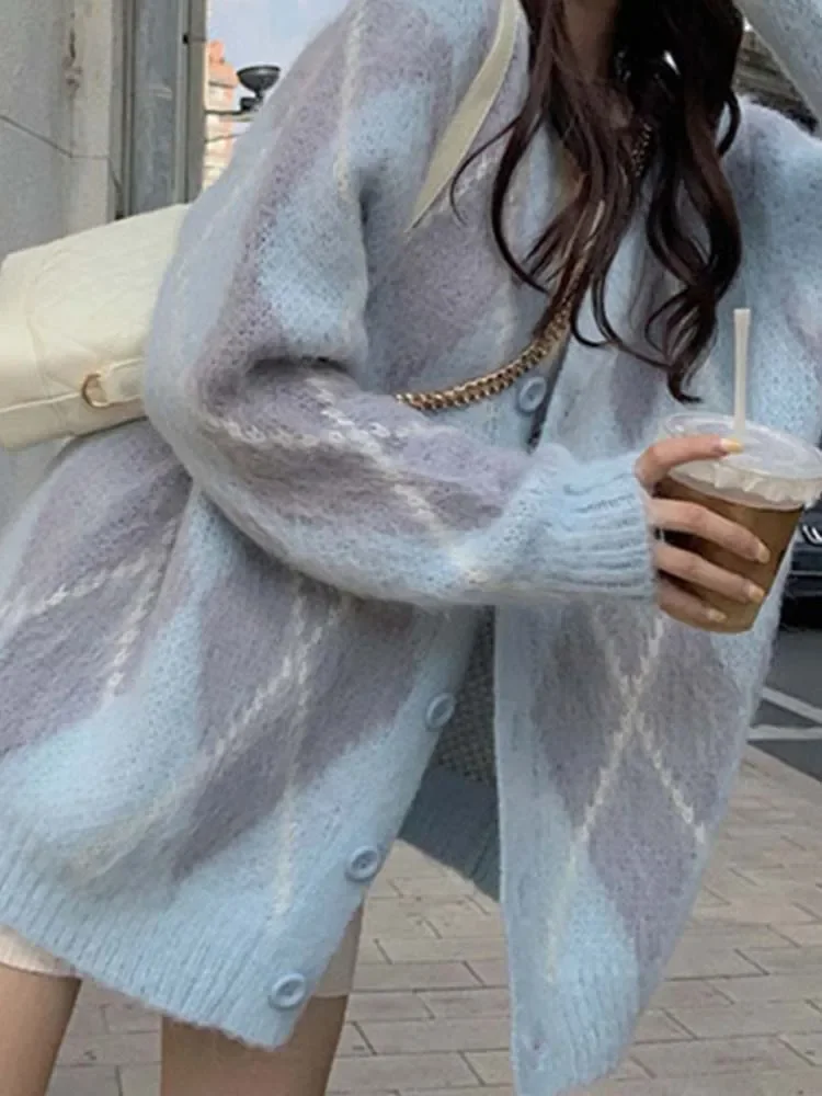 Кардиган оверсайз женские вязаные свитера Argyle зимние винтажные свободные пальто