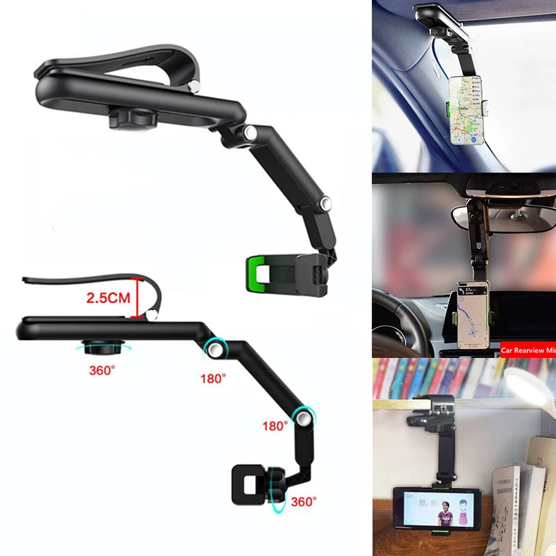 

1080 Degree Car Bracket Dashboard GPS Phone Holder Clip Sun Visor Cell Holder For iPhone XS Mobile Clip Rearview Mirror Stand