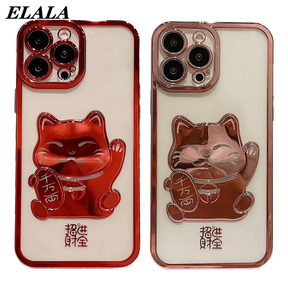 

3D Electroplating Lucky Cat Clear Phone Case for iPhone 13 Pro Max 12 Cute Slim Fit Shockproof Back Cover Protective Back Shell