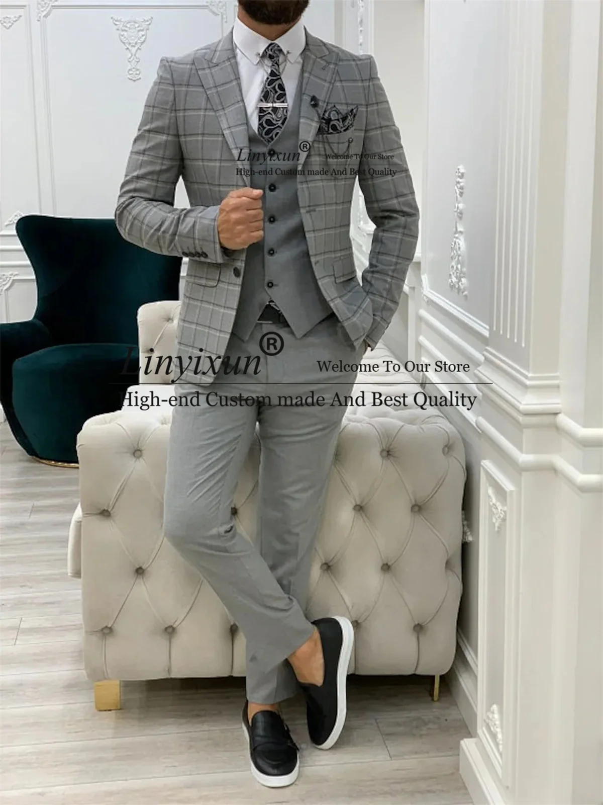 Модные мужские клетчатые костюмы с заостренным отворотом свадебные смокинги для