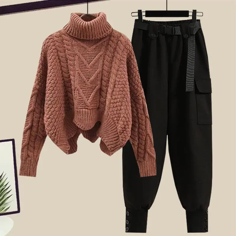 Осень-зима женская водолазка в стиле сафари короткий свитер брюки-карго комплект