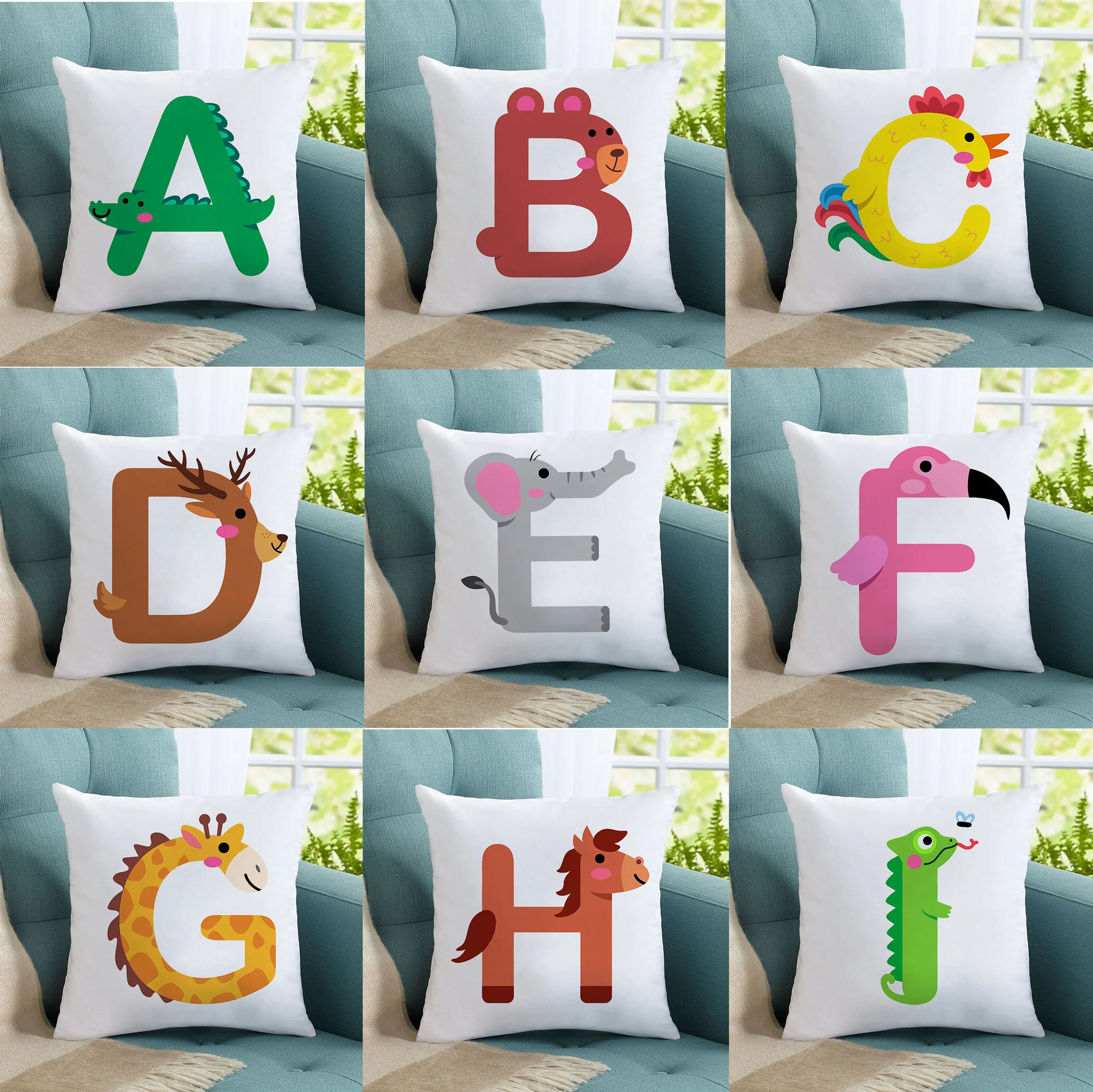 

45x45cm Linen Cartoon Cute Animal 26 English Letters Pillow Cover Family Sofa Decoration Pillow Cover Decoration
