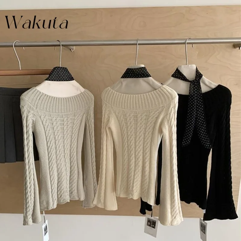 WAKUTA Retro Korean Gentle Wind One-line Collar Long-sleeved Knit Sweater Female Fall Youth Campus Style Slim Strapless Blouses