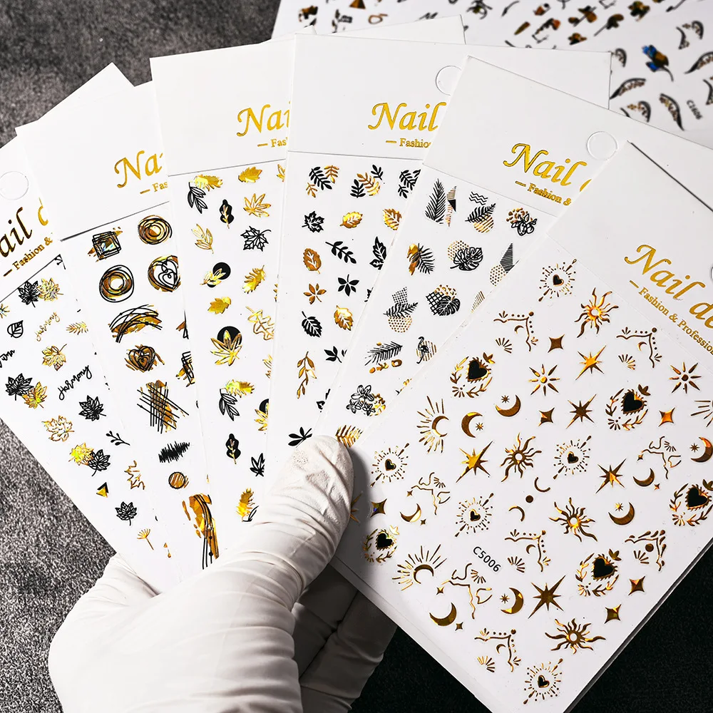 

3D наклейки для ногтей с черными золотыми листьями, цветами, тропическими растениями, листьями, геометрические наклейки, украшения для дизай...