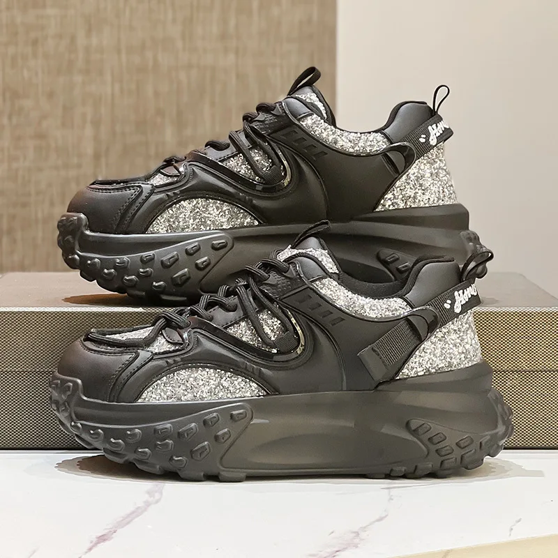 6cm Genuine Leather 2023 Synthetic Sequins Platform Wedge Chunky Sneakers Mixed Color Casual Comfy Lady Hidden Heel Female Shoes