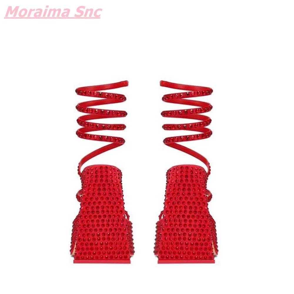 Summer New Red Women Sandals BlingBling Rhinestone Ribbon Square High Heel Open Toe Solid Casual Comfortable Modern Shoes 2022