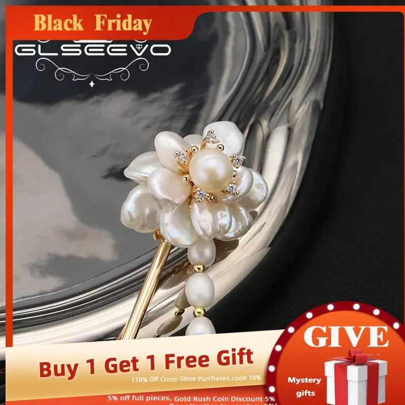 

GLSEEVO Natural Tahitian Baroque Pearls Blossoms Pendant Women Hairpins Fashion Luxury Personality Romantic Jewelry Customizable