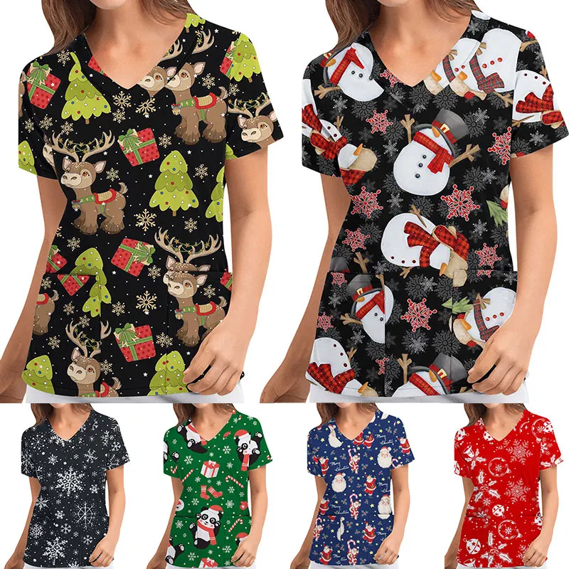 

Santa Print Christmas Scrubs Tops Women V-Neck Short Sleeve Uniforms Carer Work Blouse Pet Grooming Nurse Shirt Beauty Salon