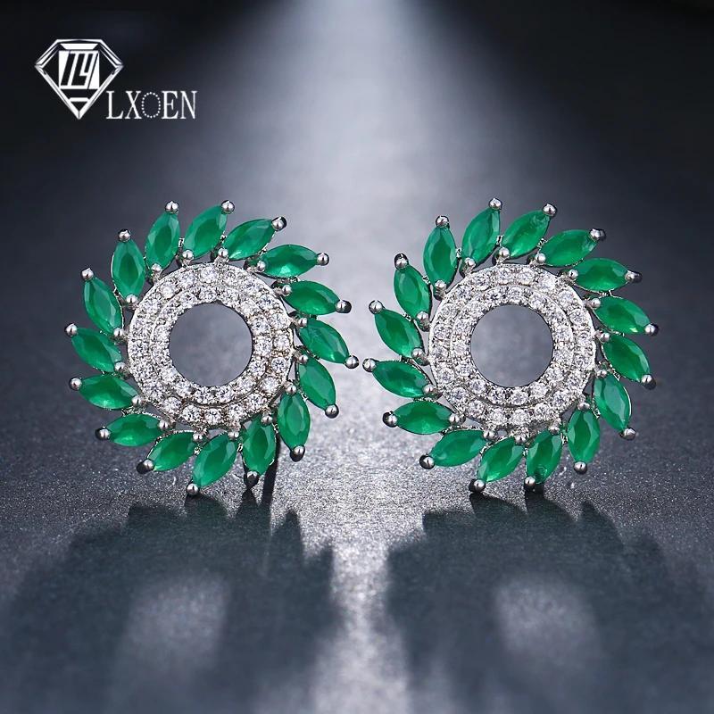 

LXOEN Bohemian Green Crystal Earrings Silver Color Round Stud Earrings With Zircon Wedding Earrings Women bijoux Jewelry Gift