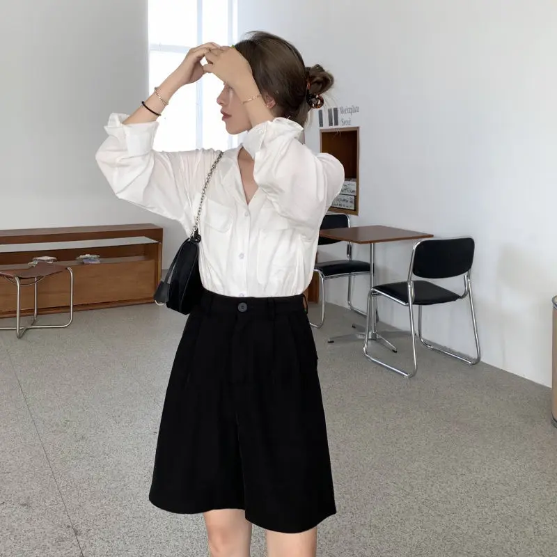 Korea Summer Women Wide Leg Suit Shorts Office Lady High Waist Khaki Shorts Oversize Loose Button Black Classic Casual Shorts