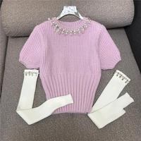 heavy industry beads pink short sleeve knitted t shirt womens knitwear 2022 spring high waist short sweater with raglan sleeves
