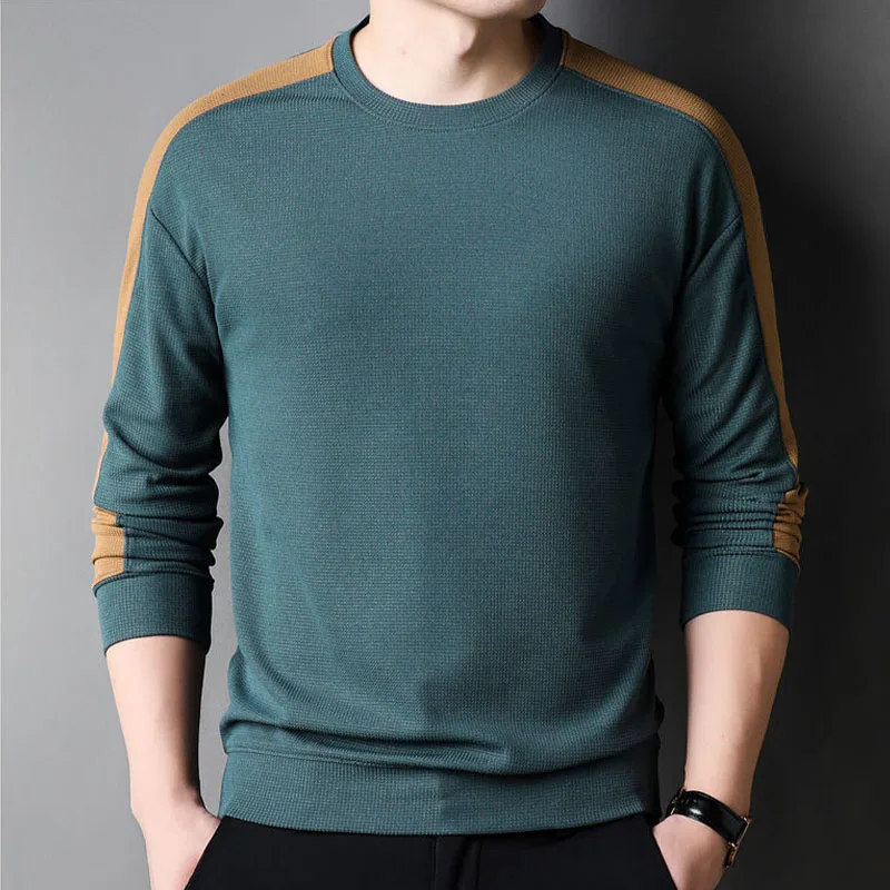 

Round Neck Solid Color Simplicity All-match Male Clothes New 2023 Long Sleeve Patchwork Business Splicing Top Slim Men'sT-Shirt
