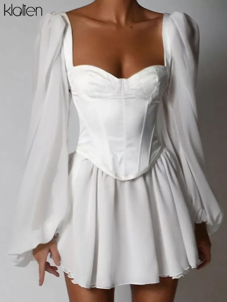 

KLALIEN Women Fashion Elegant High Waist Slim Solid White Office Lady A-Line Mini Dress 2022 Spring Autumn New Women Party Dress