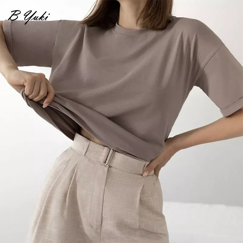 

Blessyuki 100% Soft Basic T Shirt Women 2022 Summer New Casual Solid Tee Female Loose Short Sleeve Simple Tops