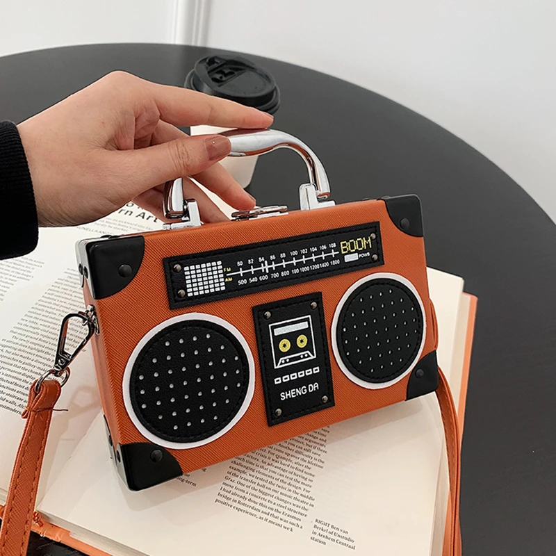 Party Handbags for Women 2023 Hit Personality Fashion Bag Leather Funny Cute Radio Shape Small Square Box Hip Hop Shoulder Bag