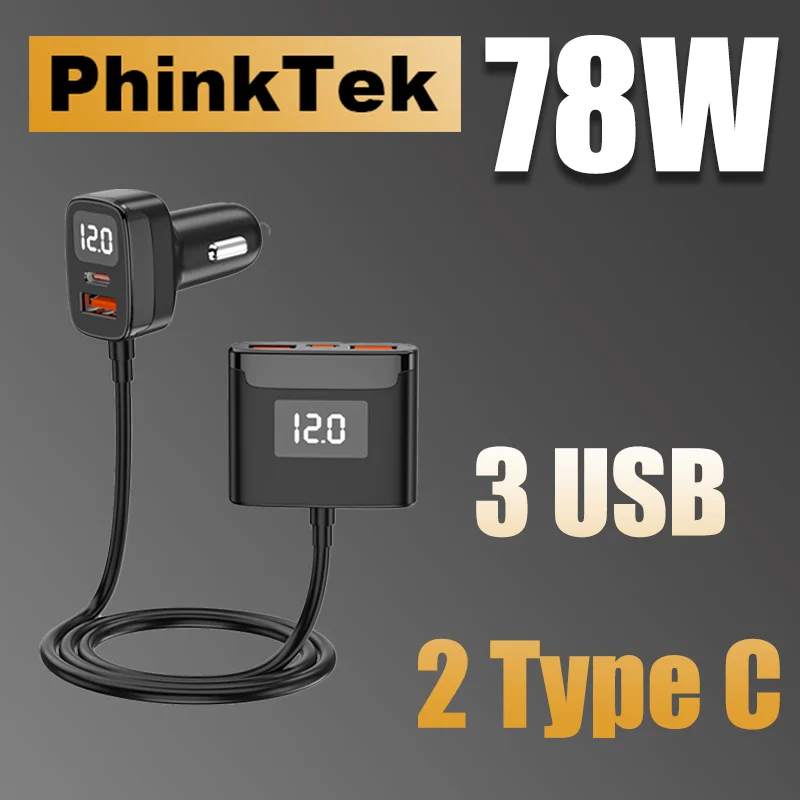 PhinkTek 78W быстрая зарядка автомобильное зарядное устройство 3 UBS порт 2 Type-C порт PD 78W заднее сиденье цифровой индикатор зарядное устройство для iPhone Samsung