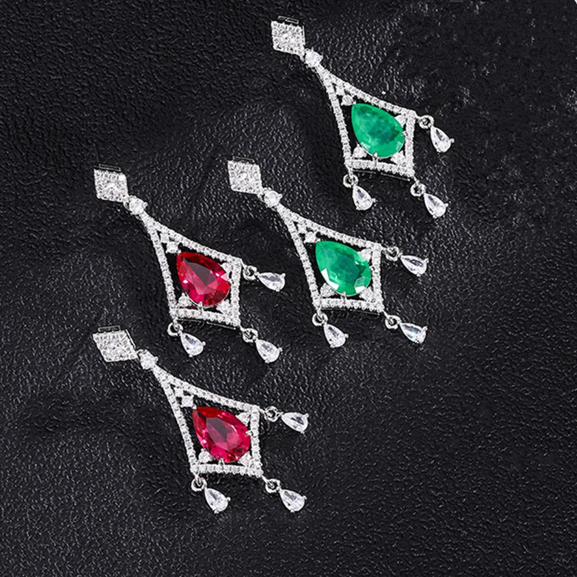 

Cute Fashion Green Red Cubic Zirconia Luxury Elegant Drop Bridal Earring for Women Geometric Flower Wedding Jewelry Dangler