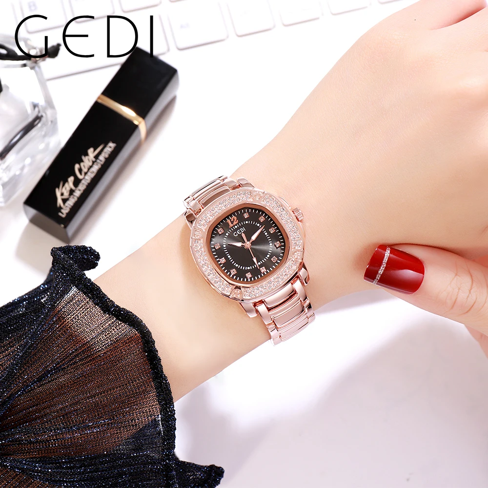 GEDI Elegant Rose Gold Ladies Watches Top Brand Luxury Waterproof Stainless Steel Watch for Women Full Diamond Female Watch Gift