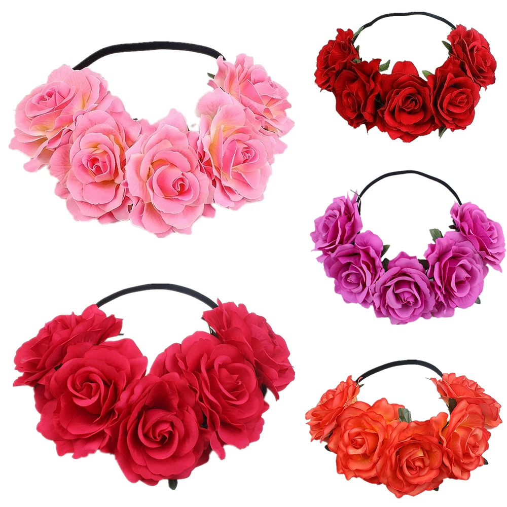 

Women Girls Flower Hairband Faux Rose Wedding Wreaths Solid Color Elastic Hair Band Garland Headpiece Beach Hair Accessories