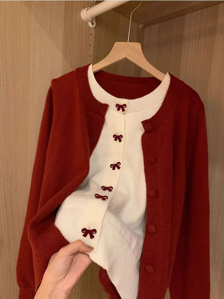 Корейская серия с бантом красный искусственный кардиган из двух предметов