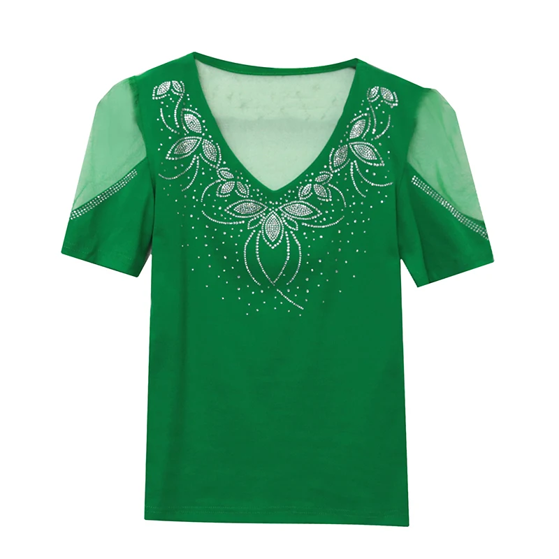 Ozhouzhan Summer New Heavy Industry Hot Drilling Short sleeve T-shirt Women Slim fit Sexy V-neck Mesh Patchwork Backless Top ...