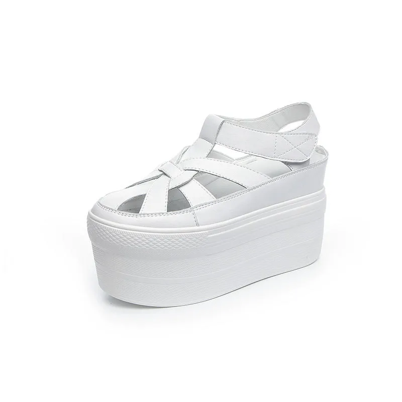 

11cm wedge platform summer Genuine Leather Hollow Breathable Height Increasing casual sandals wild Roman Women's Shoes