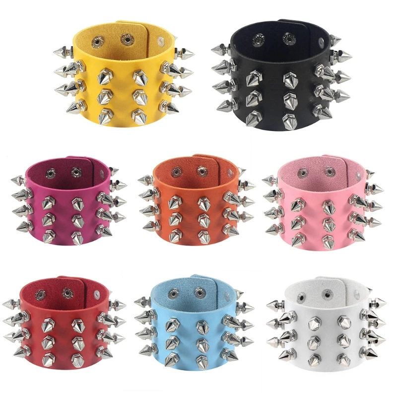 

85WB Three Row Cuspidal Spikes Stud Unisex Bracelet with Wide Leather Cuff
